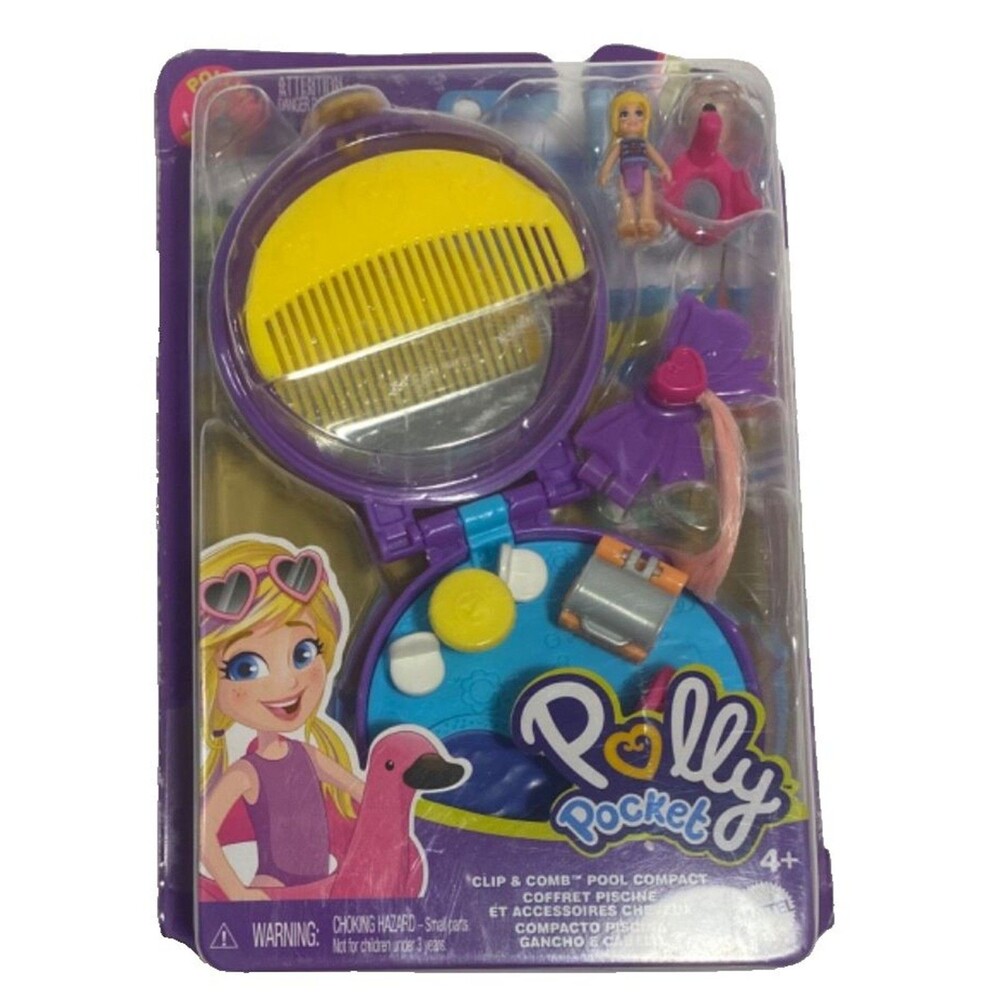 Polly Pocket Clip and Comb Pool Compact Play Set~Mini Doll Toy & Accessories~NEW